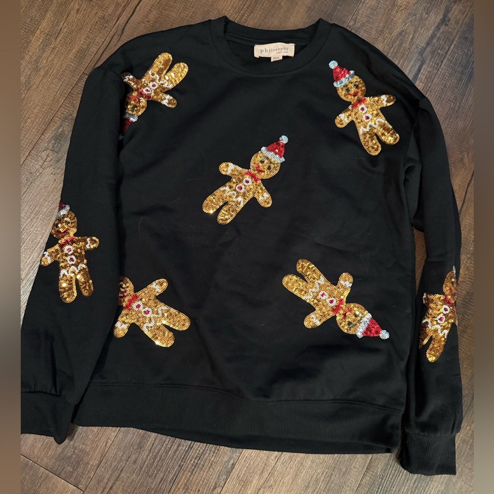 Philosophy Black Sweater with Festive Gold Gingerbread decor, size X-Small